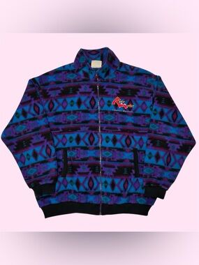 Vintage 90s AOP Aztec Geometric Fleece Bomber Jacket Embroidered Logo XXL